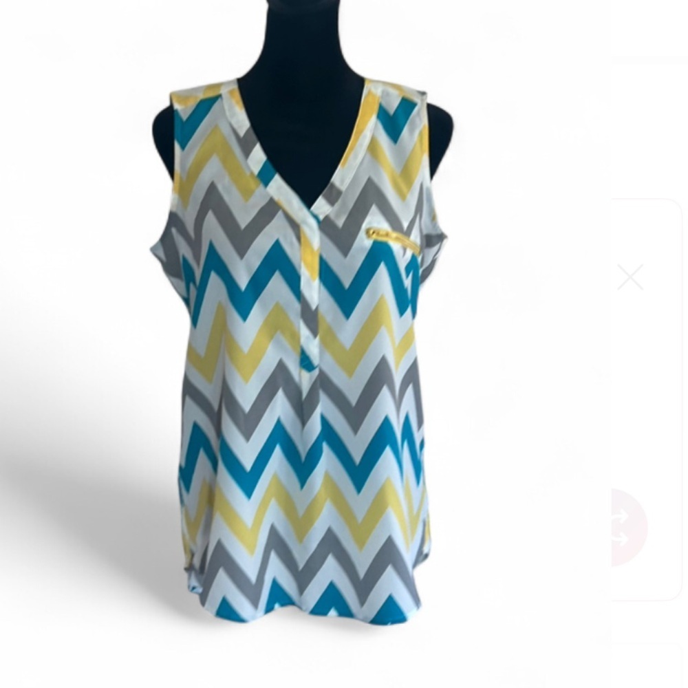 Tacera Chevron Pattern Sleeveless V-Neck Chiffon Blouse Colorful Accents, Size S